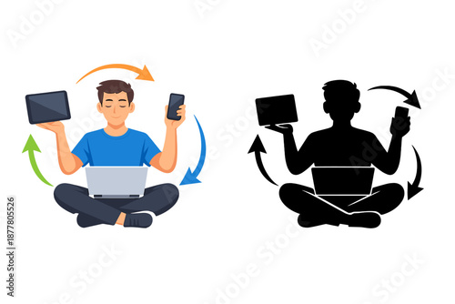 Person balancing multiple devices with digital connections