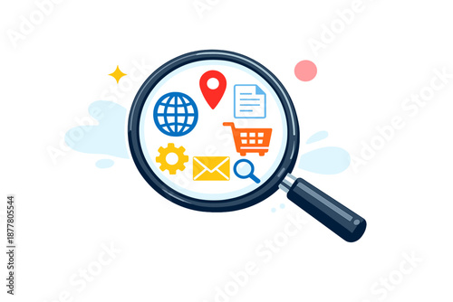 Magnifying glass with icons representing digital services