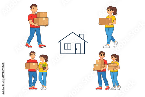Couple moving into a new home with moving boxes