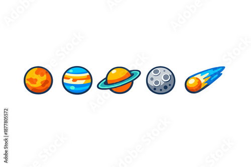 Collection of stylized planets and a comet in space