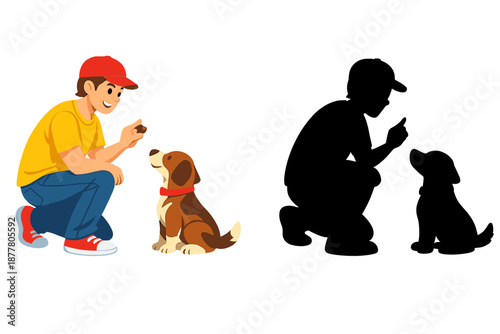 Boy training a dog with a treat
