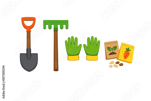 Gardening tools and seeds with glowing effect