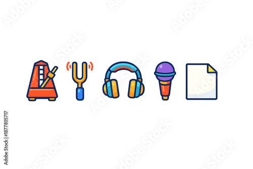 Music icons: metronome, tuning fork, headphones, microphone, paper