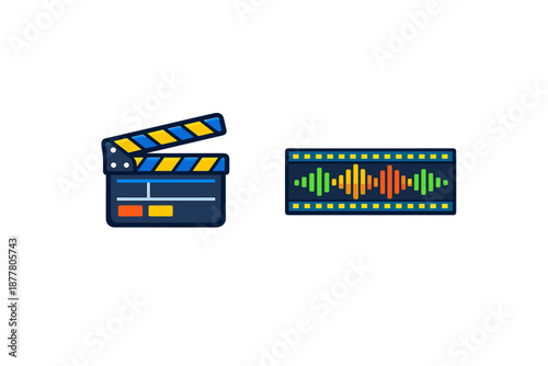 Film clapperboard and audio waveform icons on dark background
