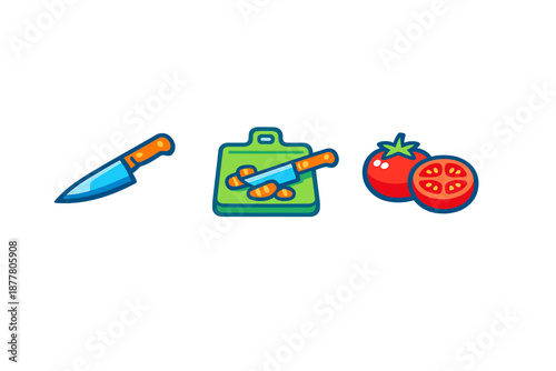 Cooking icons: knife, cutting board, and tomato