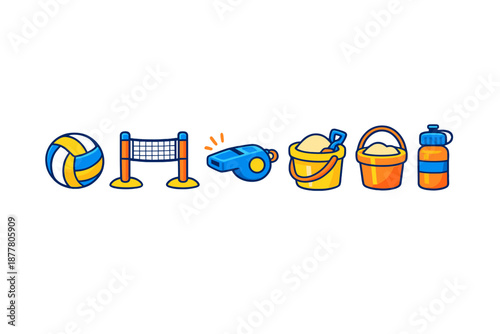 Beach volleyball equipment, whistle, sand bucket, and water bottle