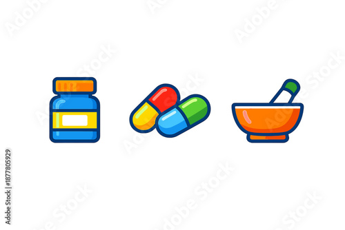 Medicine bottle, pills, and mortar and pestle icons