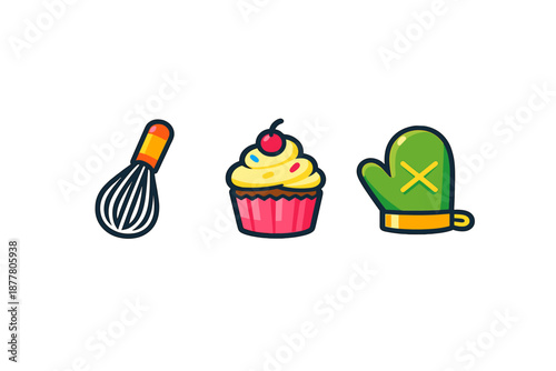 Baking icons: whisk, cupcake, and oven mitt on a dark background