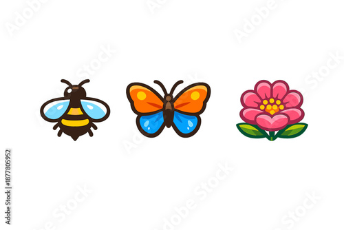 Cute bee, butterfly, and flower icons