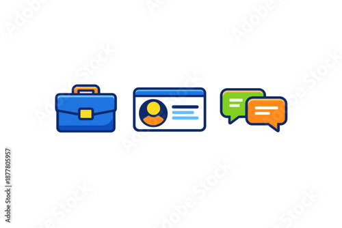 Collection of three business icons: briefcase, profile, and chat