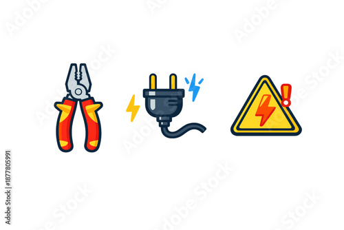 Electrical tools, plug, and warning sign icons