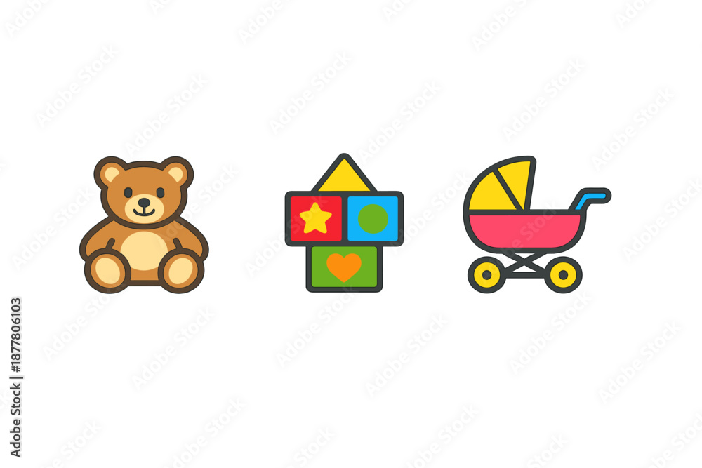 Obraz premium Baby toys: teddy bear, building blocks, and stroller icons