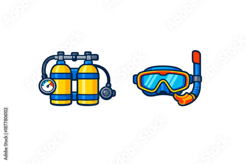 Scuba diving equipment and snorkel mask icons