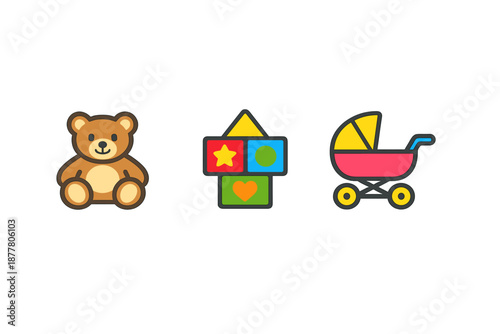 Baby toys: teddy bear, building blocks, and stroller icons