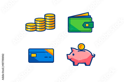 Set of finance and money icons: coins, wallet, credit card, piggy bank