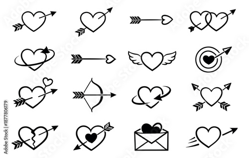 Line art love icons set featuring various heart and arrow motifs for romantic designs