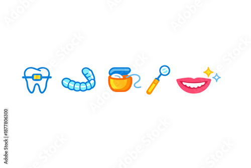 Dental care icons: braces, aligner, floss, mirror, and smile