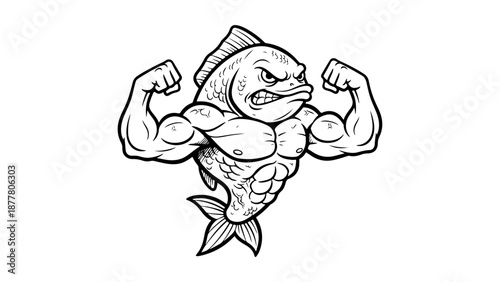 cool fish with angry face showing off his big muscles vector illustration