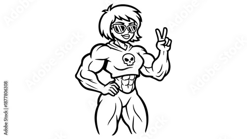 vector illustration of a cool sport girl with big muscles and in sunglasses with peace sign showing with muscled hand line art
