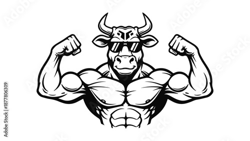 cool big muscle bull showing off his muscles and smiling a little in sunglasses black and white shape illustration on white background