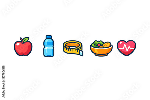 Healthy lifestyle icons: apple, water bottle, measuring tape, salad