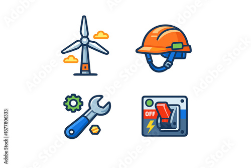Energy and Industry Icons: Wind Turbine, Hard Hat, Tools, and Switch