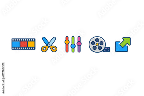 Video editing icons: film strip, scissors, sliders, film reel, export