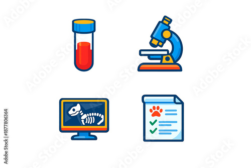 Veterinary clinic icons: blood test, microscope, X-ray, and document
