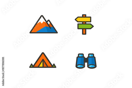 Camping and hiking icons: mountains, signpost, tent, binoculars