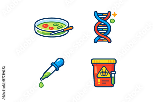 Science Icons: DNA, Petri Dish, Pipette, and Biohazard Container