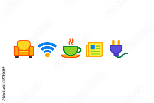 Bright icons for relaxation, connectivity, coffee, news, and power