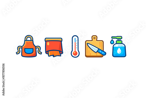 Kitchen hygiene and cooking tools icon set