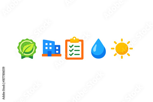 Ecology icons: leaf, building, checklist, water drop, sun