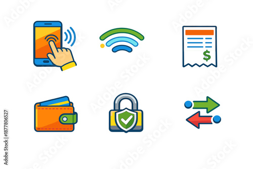 Financial technology icons: mobile payment, Wi-Fi, receipt, wallet