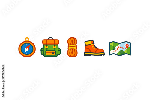 Outdoor adventure gear icons on blurred background