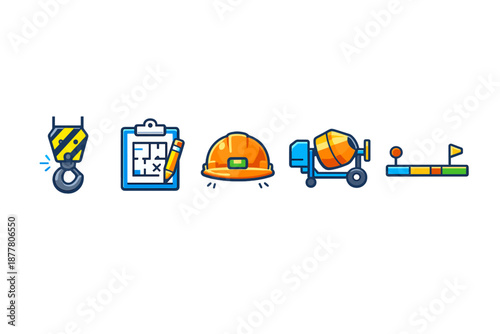 Construction icons with crane, blueprint, helmet, mixer, and progress