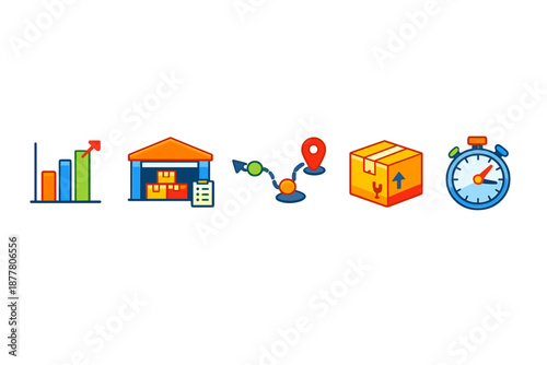 Logistics and delivery icons with bright, glowing outlines
