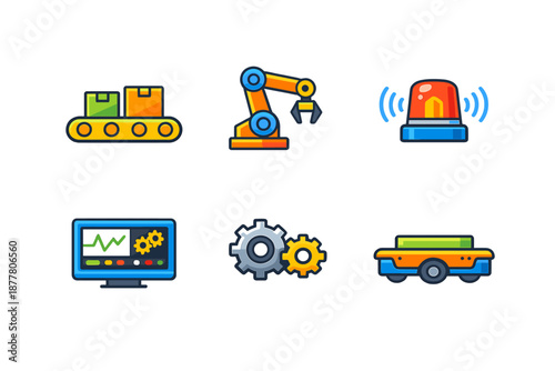 Industry icons on a dark background with light effects