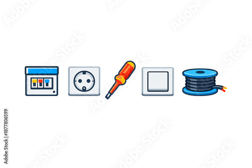 Electrical items icons: circuit breaker, socket, screwdriver, switch