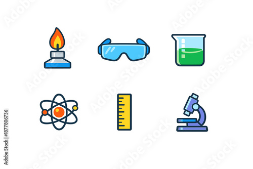 Science icons: burner, goggles, beaker, atom, ruler, microscope
