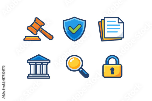 Law and justice icons: gavel, shield, document, courthouse
