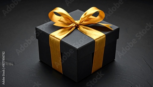 Elegant Black Gift Box with Golden Ribbon on Dark Background.