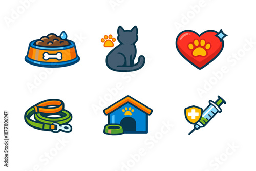 Pet care icons: food bowl, cat, leash, house, heart, syringe