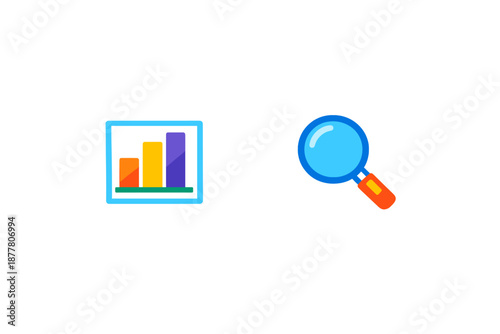 Bar chart and magnifying glass icons with neon glow