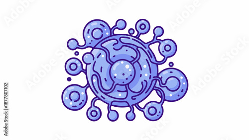 A stylized, purple, circular object with tendrils and bubbles