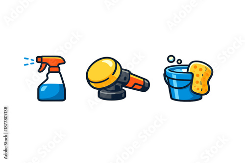 Car wash equipment icons: spray bottle, polisher, bucket with sponge