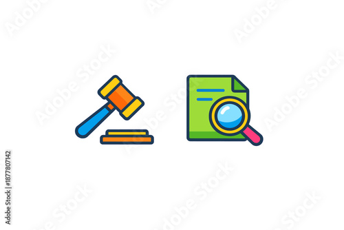 Legal gavel and magnifying glass over document icons