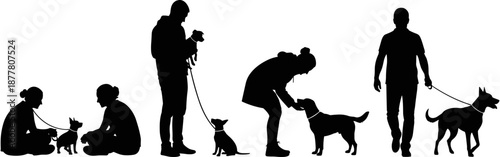 Black silhouettes of people with dogs in various poses including walking playing sitting and training pets isolated on white background
