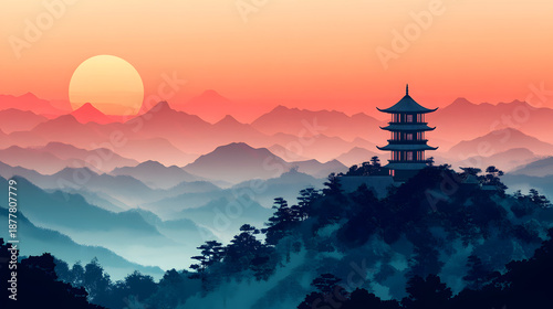 Pagoda temple in mountain landscape at sunset