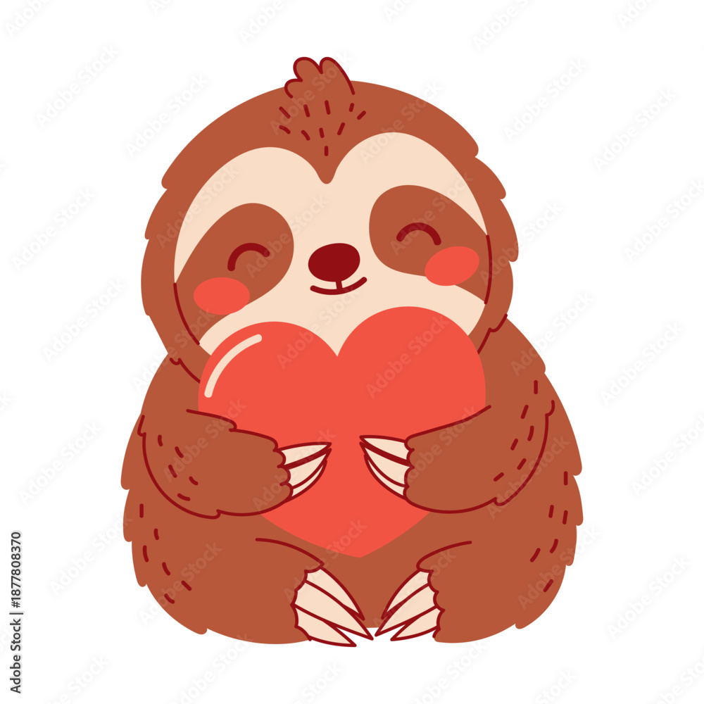 Fototapeta premium Cute sloth hugging a heart. Flat vector illustration in warm colors, perfect for Valentine’s Day, love themes, greeting cards, kids designs, stickers, and romantic illustrations.
